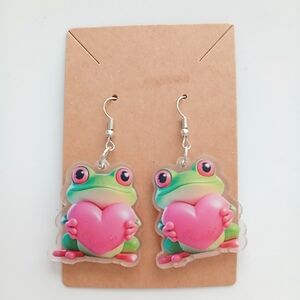 Fashion Jewelry Frog Heart Earrings - Pink and Green